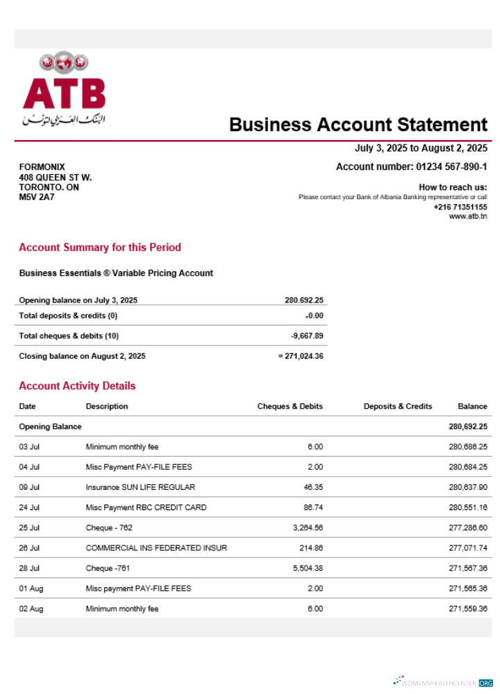 Download Tunisian ATB organization checking account statement Word and PDF template Photoshop template